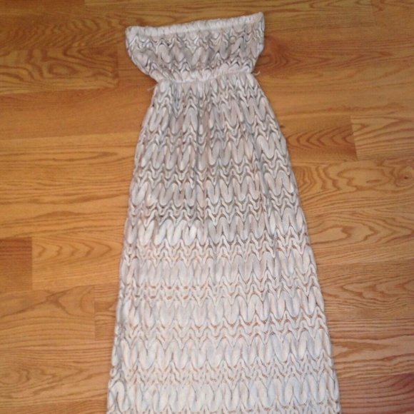 SANS SOUCI STRAPLESS SHEER LACE MAXI DRESS WOMENS S BEIGE LINED POLYESTER BOHO - Picture 9 of 12